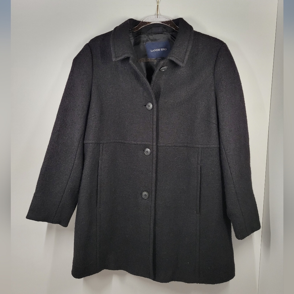 Lands' End Black Wool Blend Button Up Peacoat Jacket Women Size 12P - Picture 1 of 5